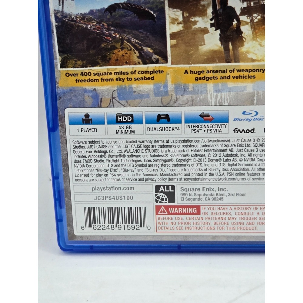 Just Cause 3: PS4 (Playstation 4, 2015) Square Enix Game Disc + Case - Picture 8 of 9